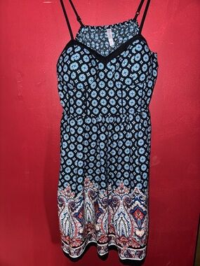 Xhilaration Black & Blue Patterned Mini Dress with Multicolor Paisley Border